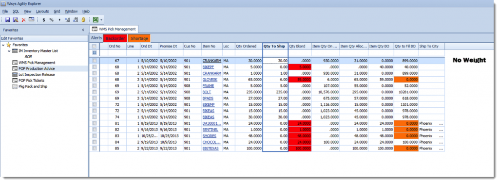 Grid Style Macola OE Order Selection Screen: with No Weight