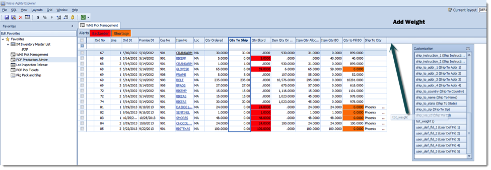 Grid Style Macola OE Order Selection Screen: Drag and Drop Weight Field to the View