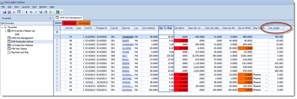 Grid Style Macola OE Order Selection Screen: with Weight Added