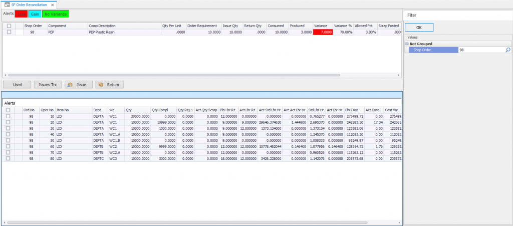 agility shop floor order reconciliation variance