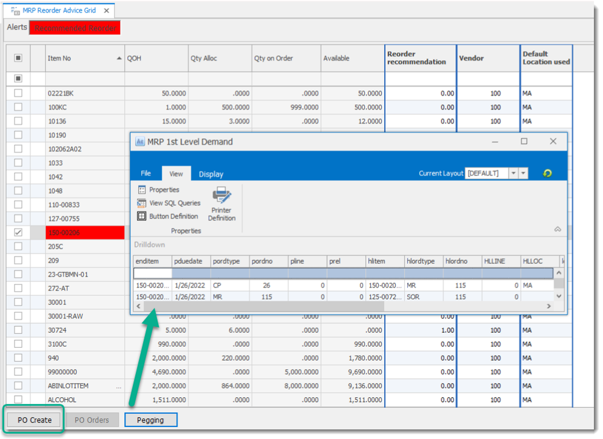 MRP+ PO Reorder Advice Grid